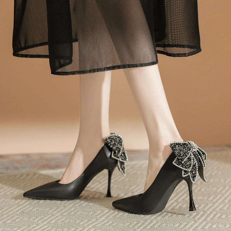 高跟鞋女尖头水钻蝴蝶结细跟浅口单鞋小个子增高一脚蹬黑色工作鞋