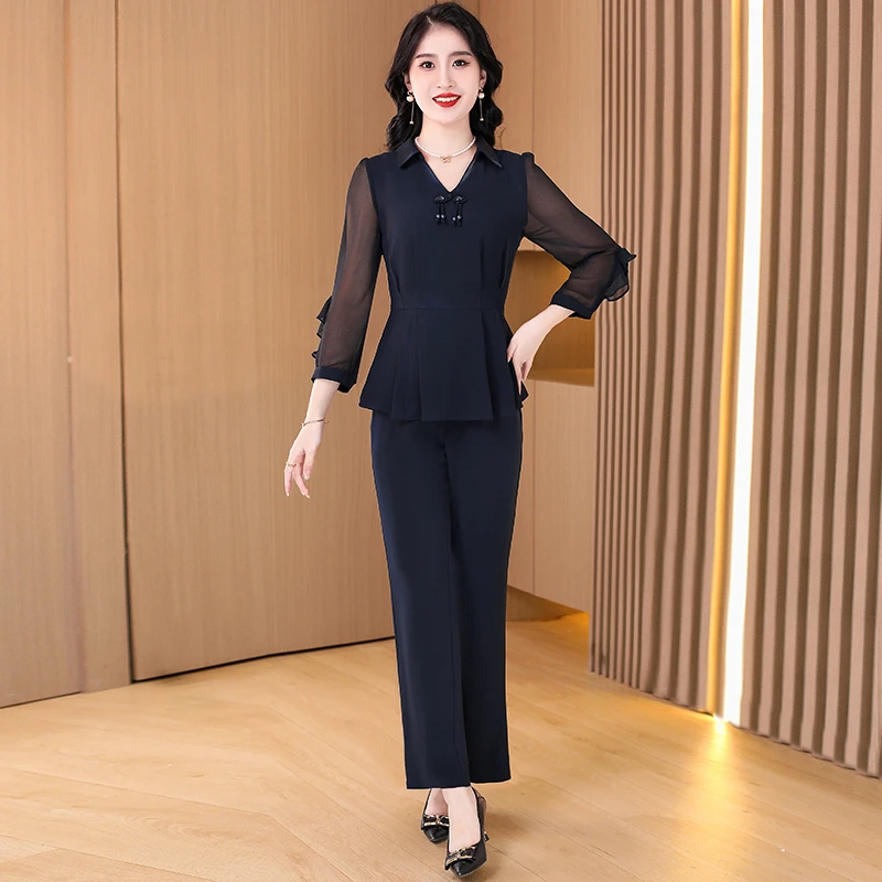 DS0032藏蓝色显瘦小香风气质洋气套装女小个子秋季时尚套裤