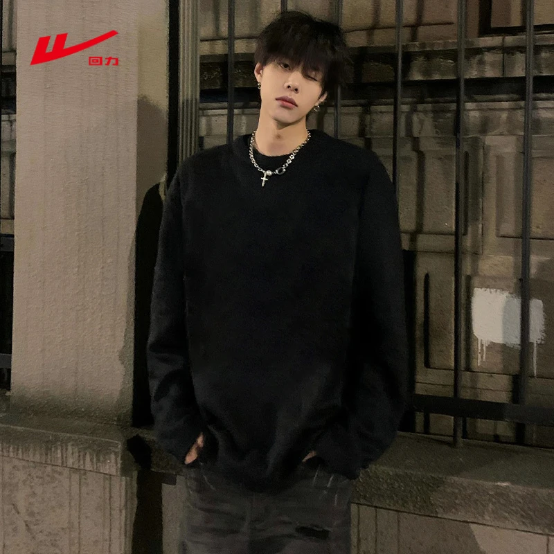 Warrior/回力加绒加厚圆领毛衣男冬季慵懒风冬季针织内搭打底衫男