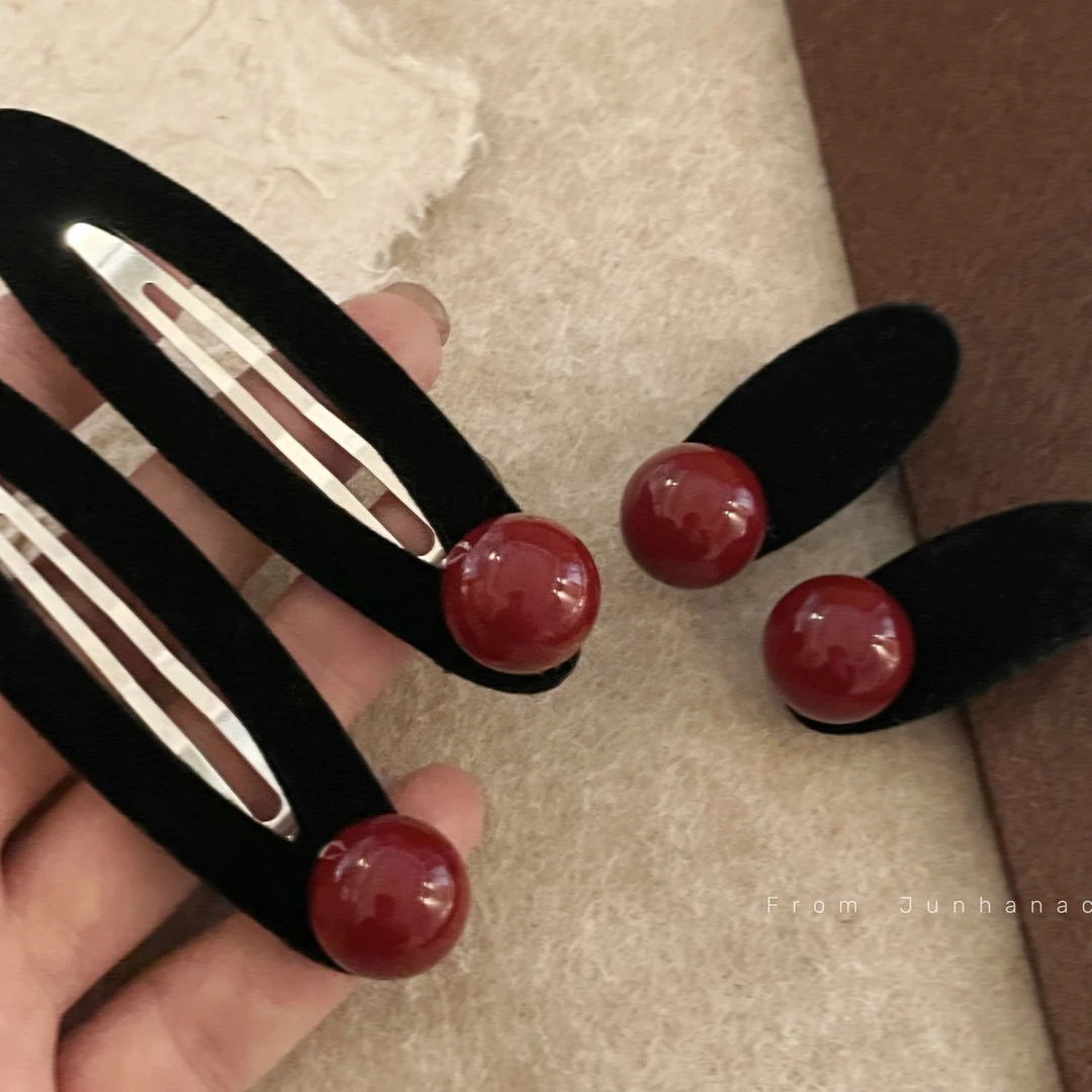 红色珠珠丝绒发夹红豆圣诞新年气质少女刘海边夹bb夹网红新款百搭