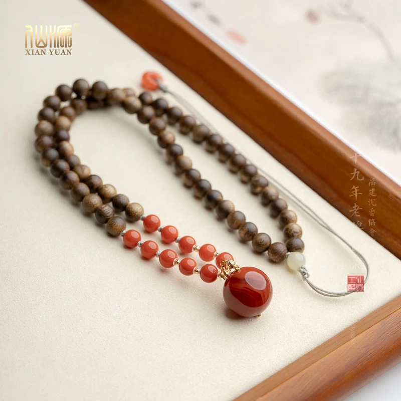 XIANYUAN/仙源【18K】莺歌绿奇楠沉香6mm+南红锁骨链