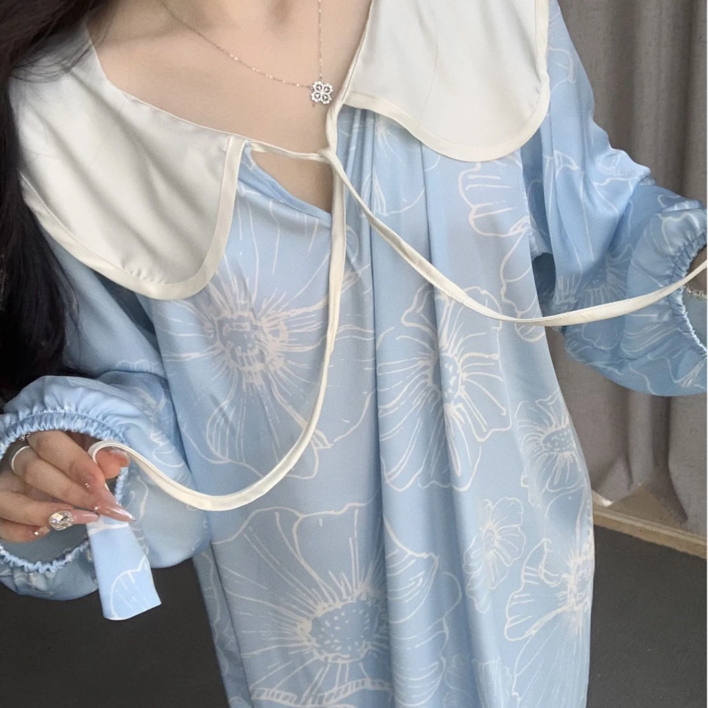 夏季日常甜美连衣裙印花薄款睡衣家居服睡裙宽松大码显瘦荷叶领