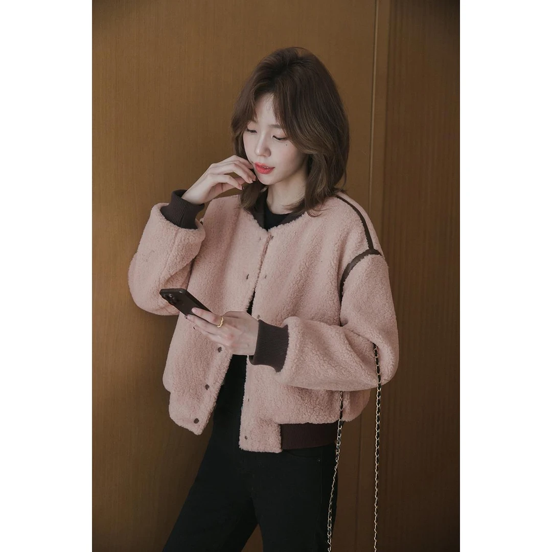 谷粒设计感短外套女「内里绗棉」休闲宽松毛绒棒球服