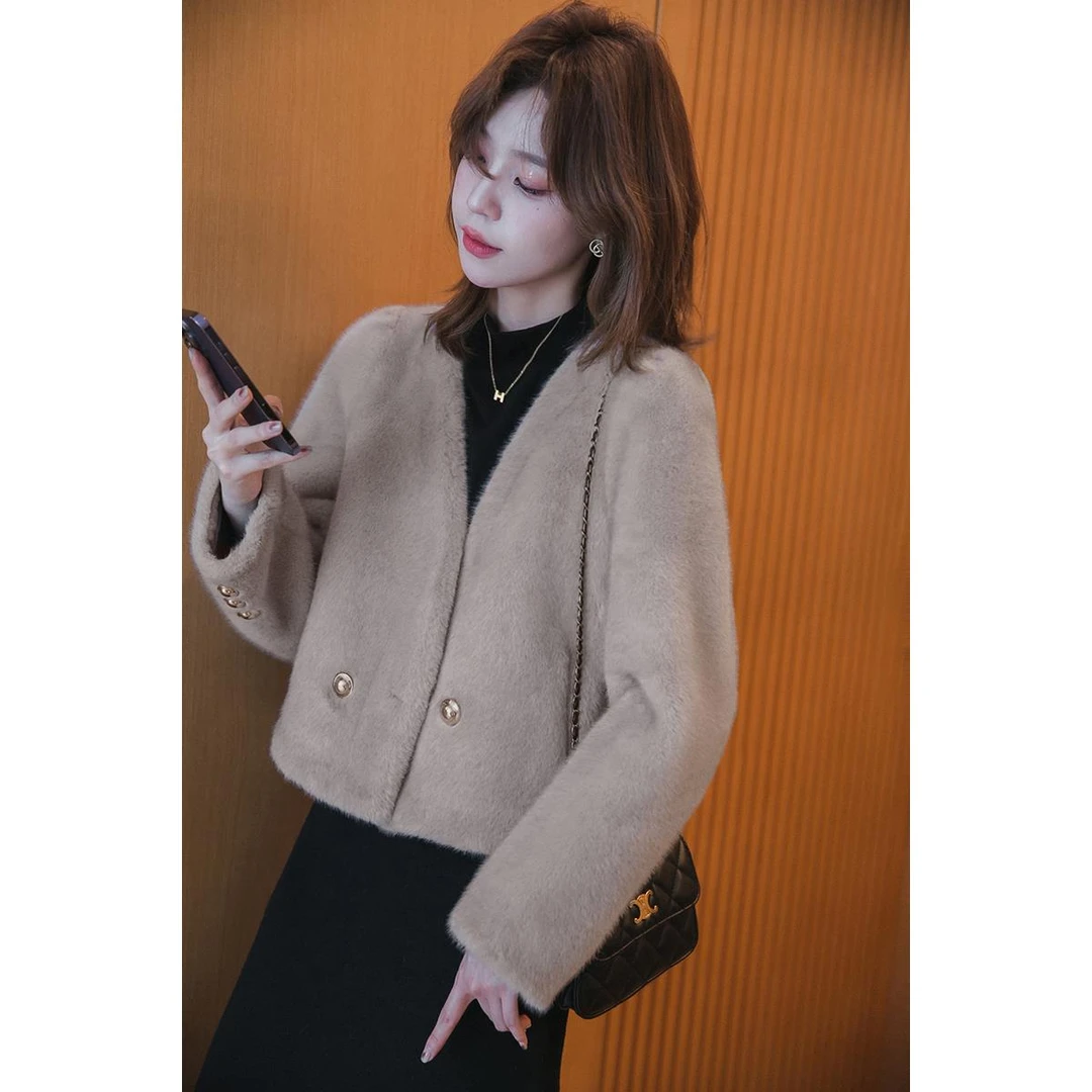 【季末折扣】小谷粒短外套女小个子皮毛一体金扣气质短款泡泡袖上