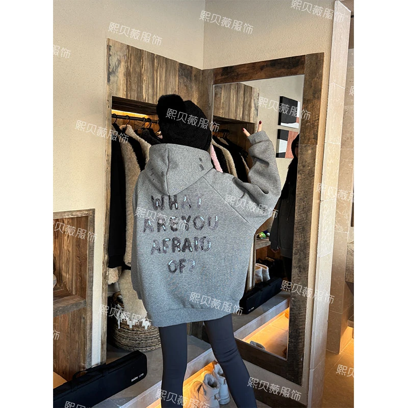 熙贝薇2 新款刺绣字母连帽加绒加厚保暖简约百搭宽松卫衣 D8885