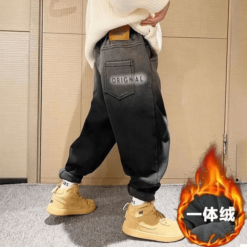男童秋冬款加绒牛仔裤2023新款儿童冬季加厚一体绒裤子大童潮帅JL