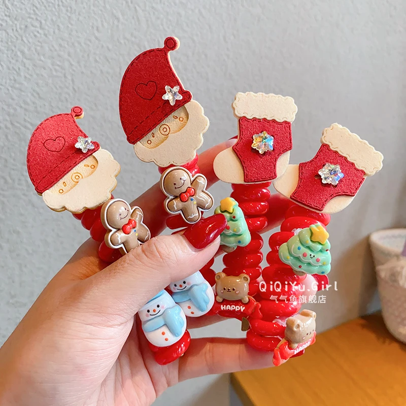 儿童圣诞节头饰女童高弹力电话线发圈女孩新款扎头发马尾编发头绳