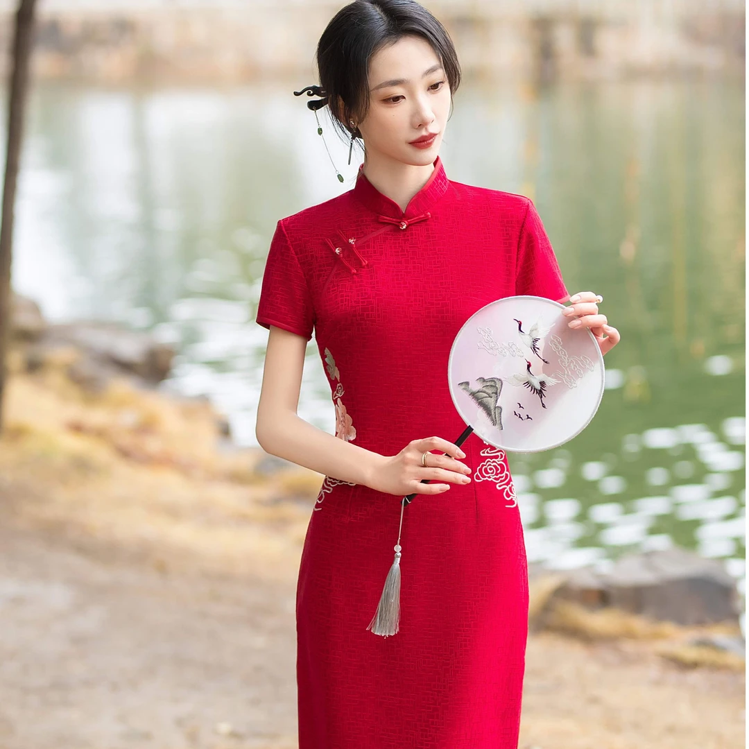 F-0024气质中长款春秋季复古中式显瘦中国风旗袍-衣长约120