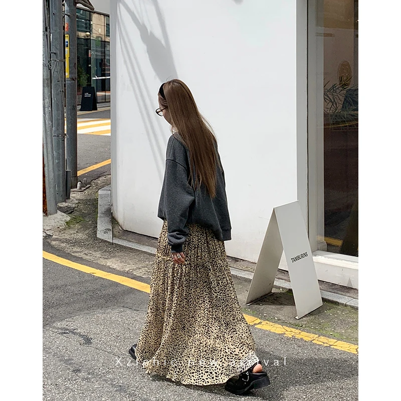 Xzichic时髦野心家豹纹半身裙褶皱雪纺裙秋季新款木耳边长裙女