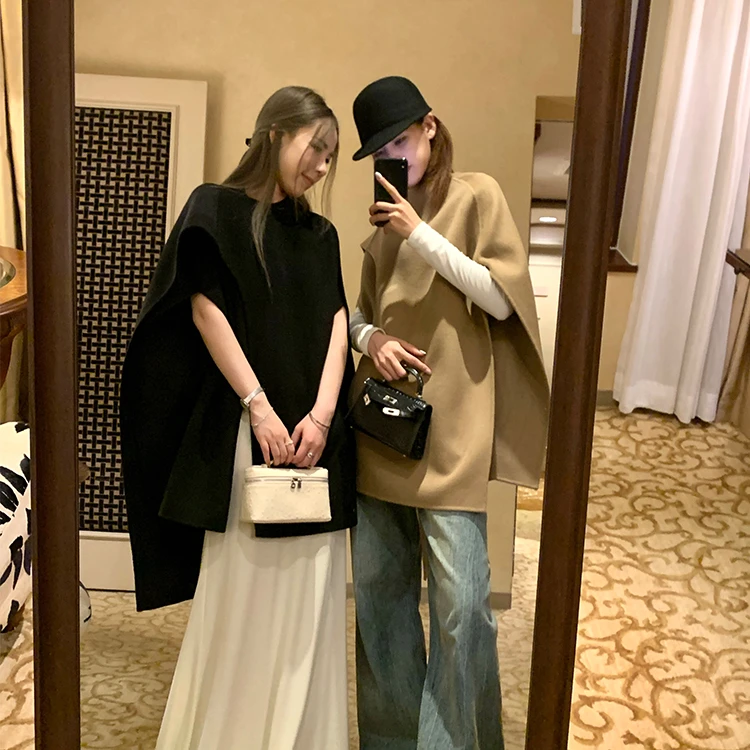 Xzichic100羊毛斗篷披肩双面毛呢大衣外套女秋冬新品高级显贵上衣