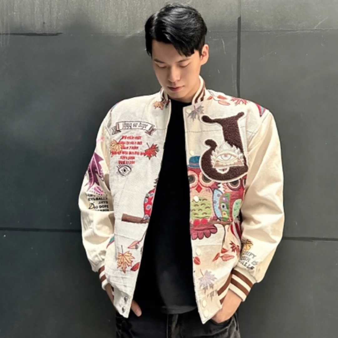 刺绣猫头鹰春秋男女同款棒球服复古棒球服潮流重工绣花个性秋季