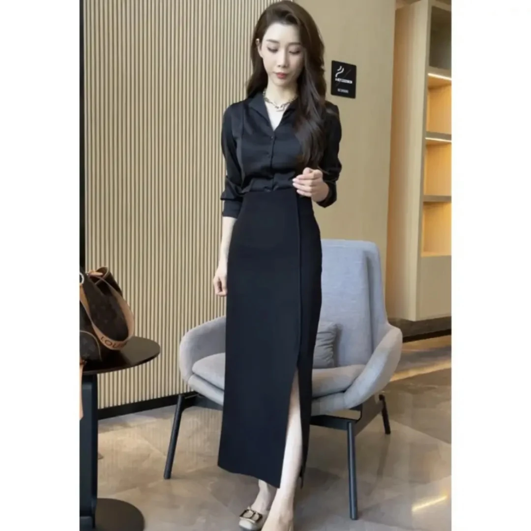 轻奢小众高级感女装2025  V领纽扣 显瘦上衣+ 高腰时尚开叉半身裙