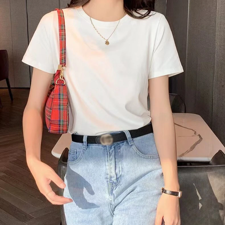 2024年夏季新款百搭纯棉圆领短袖休闲上衣女黑白纯色时尚半袖白色