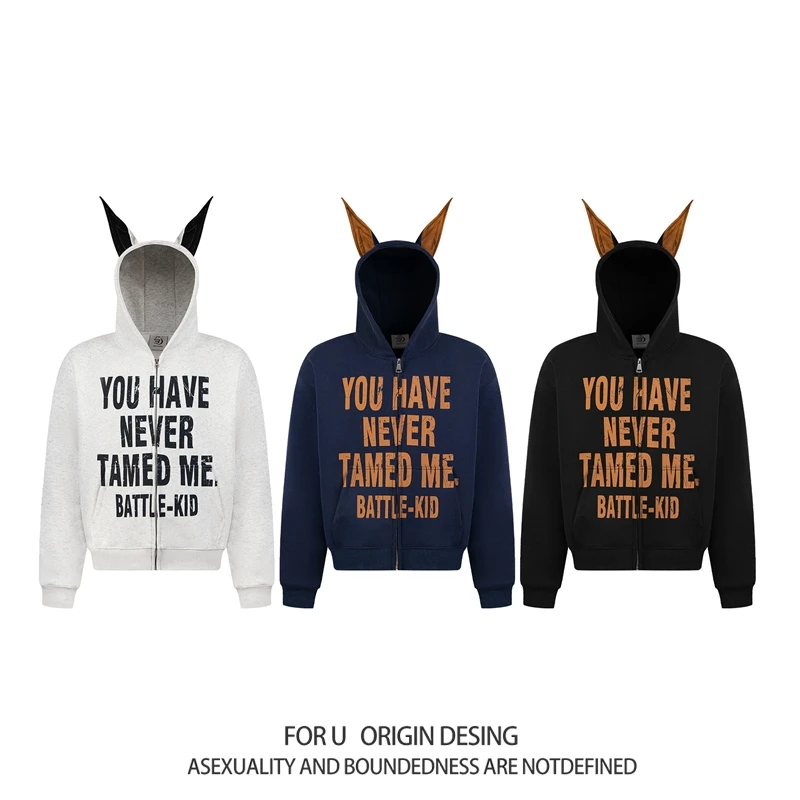 FOR U 原创美式复古斑驳字母杜宾犬小恶魔连帽衫拉链卫衣外套男女