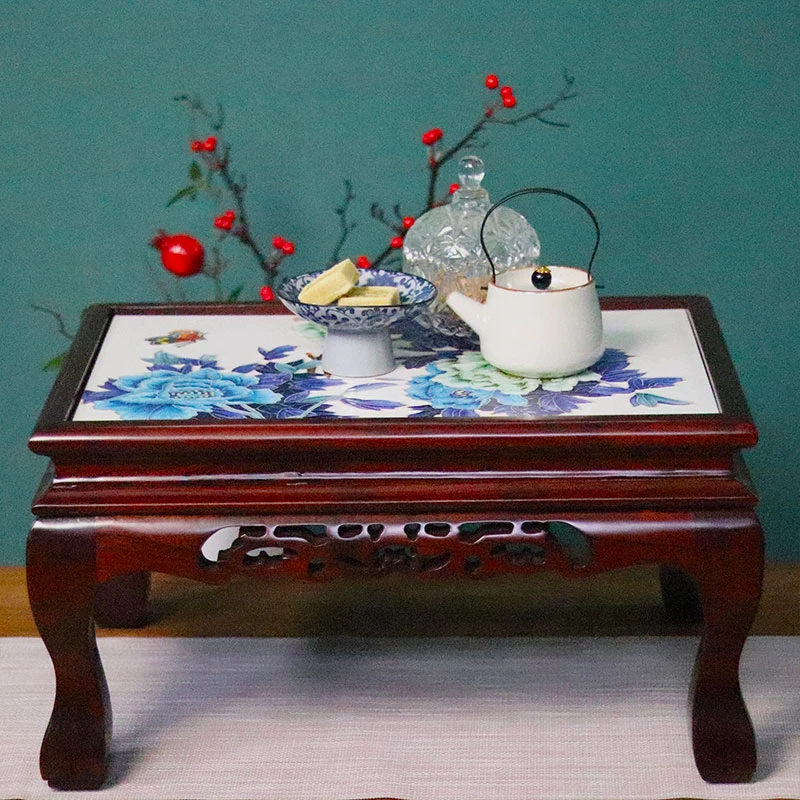 51*35*26飘窗桌-新中式老榆木镶嵌瓷板画炕几茶几装饰摆件