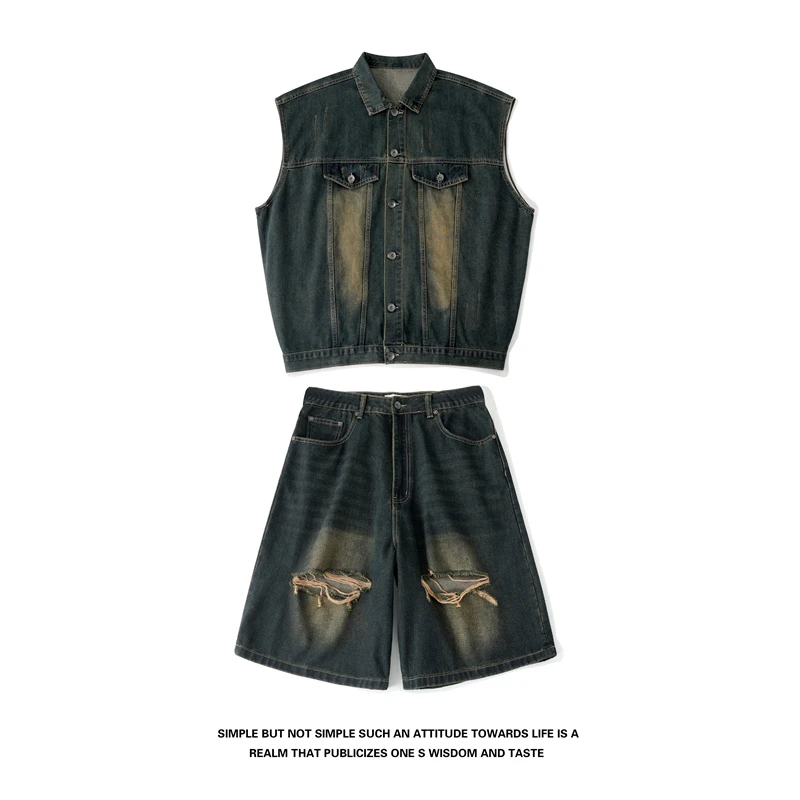 美式做旧复古无袖牛仔马甲男夏季潮牌街头宽松百搭七分裤一套搭配