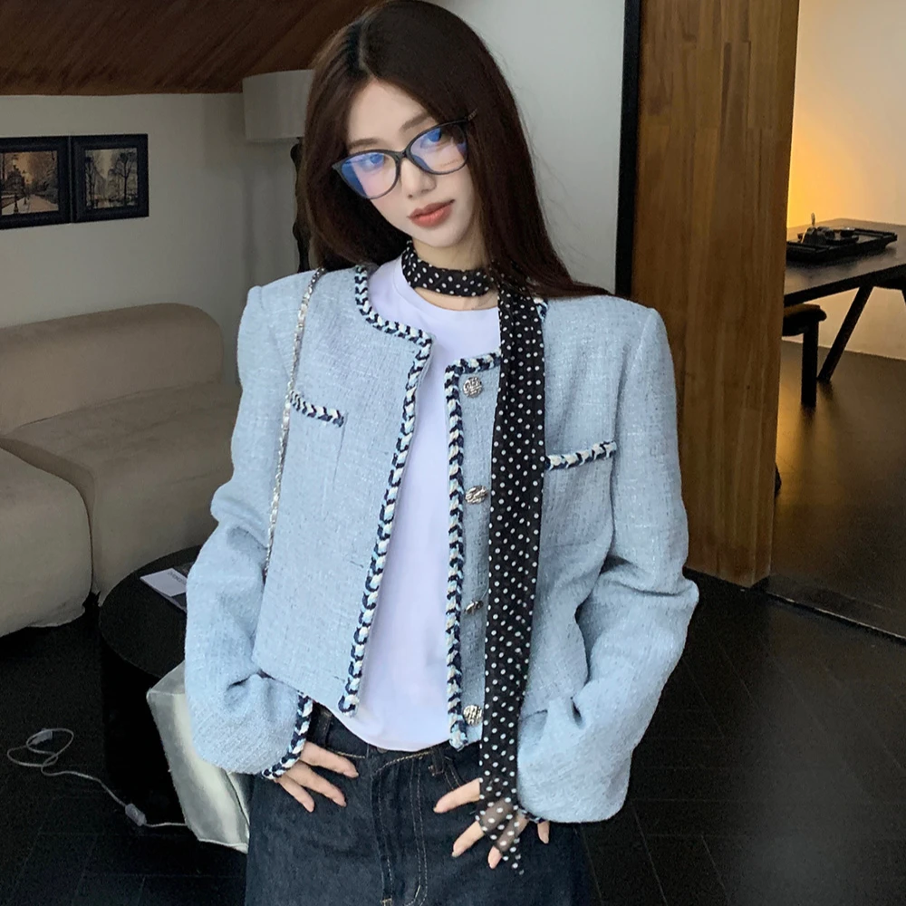 2024年秋季新款韩版气质时尚千金感粗花呢小香风短款长袖外套女