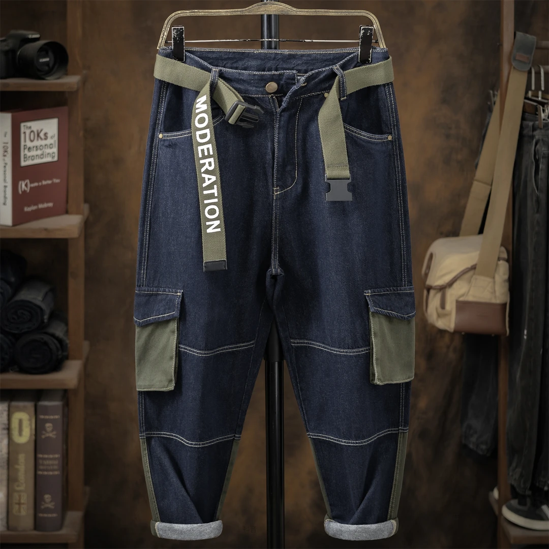 新塘拼接加肥牛仔裤男款宽松阔腿大裤脚嘻哈风高级感纯棉秋冬裤子