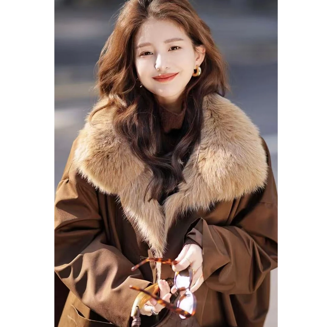 派克服女装大衣水洗长款加绒洋气宽松大毛领加厚