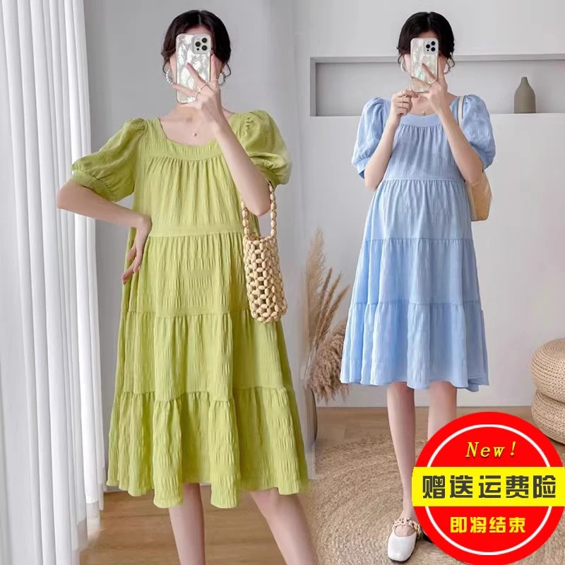 孕妇装夏装网红款韩版方领时尚宽松显瘦小个子夏季连衣裙中长款