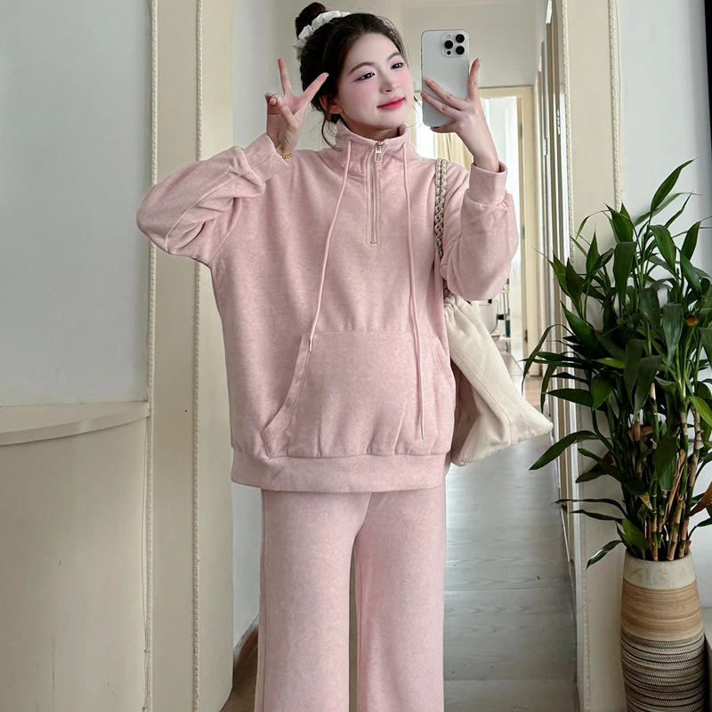孕妇秋冬新款宽松休闲运动套装女慵懒风减龄粉色卫衣阔腿裤两件套