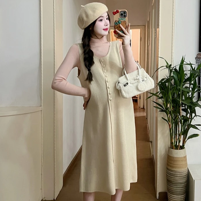 2025春秋孕妇温柔亲肤套装气质网红针织时尚中长款连衣裙马甲裙