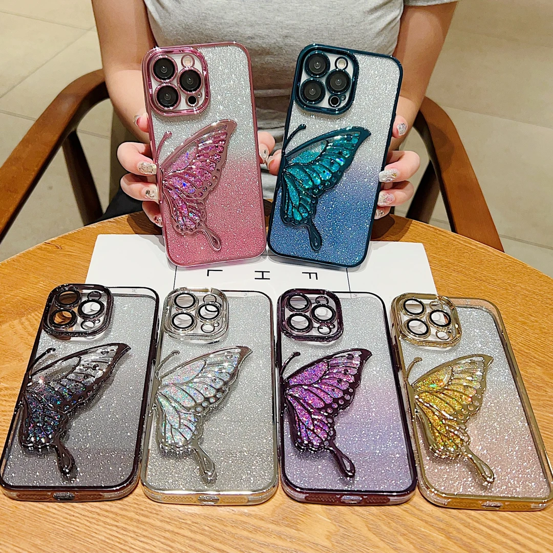 适用苹果系列iPhone15新款手机壳电镀蝴蝶流沙渐变闪粉14高级感13