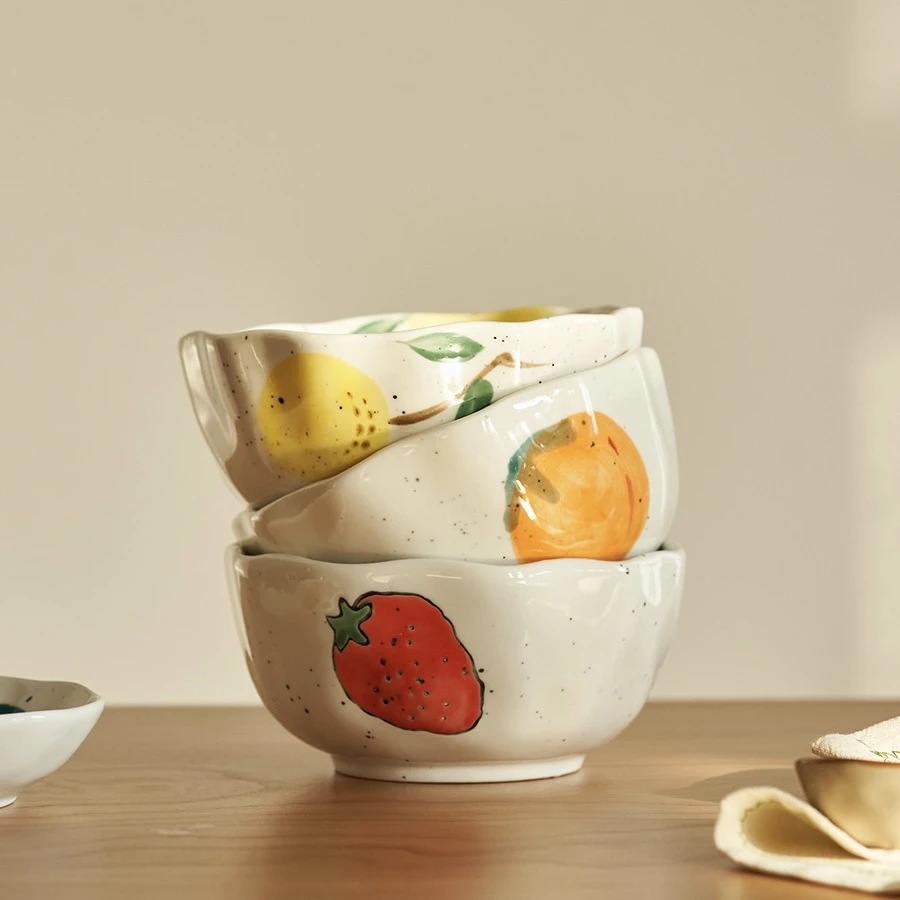 ins可爱陶瓷饭碗手绘家用手绘釉下彩米饭碗沙拉碗瓷碗吃饭碗卡通