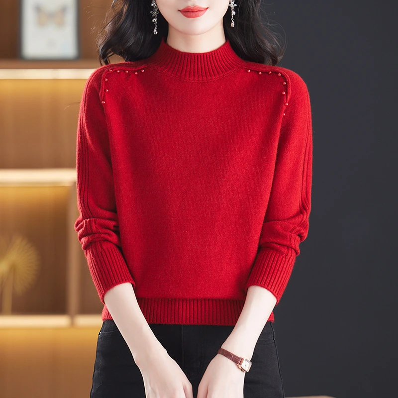 蛇年本命年衣服红色毛衣女秋冬加厚内搭气质羊毛衫半高领打底衫女
