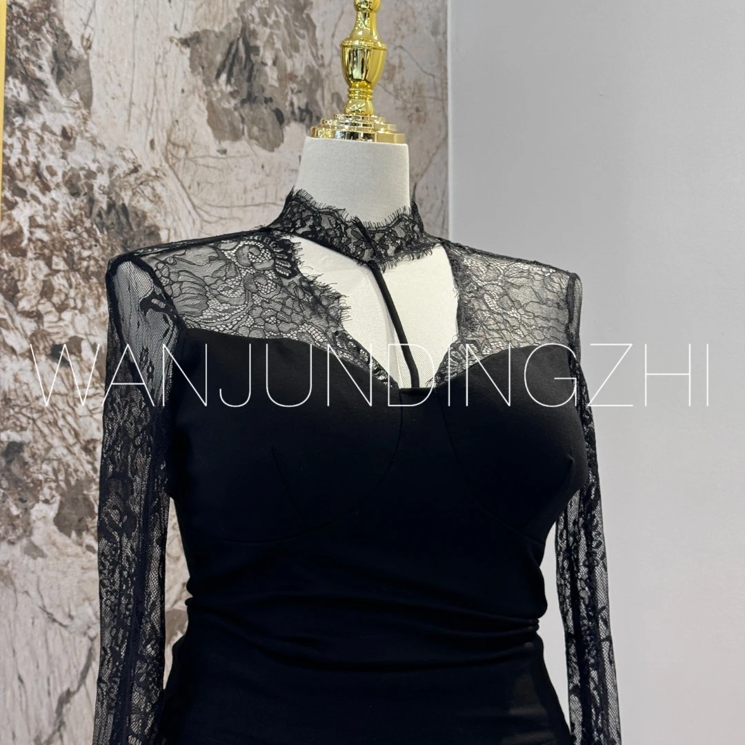 婉君定制《法式挂脖镂空》蕾丝打底衫女春秋修身显瘦内搭长袖上衣