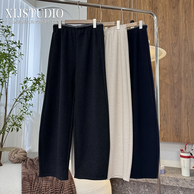 汐家女裤 冬季新款高腰羊毛窄版弯刀裤大码遮肉显高加绒休闲长裤