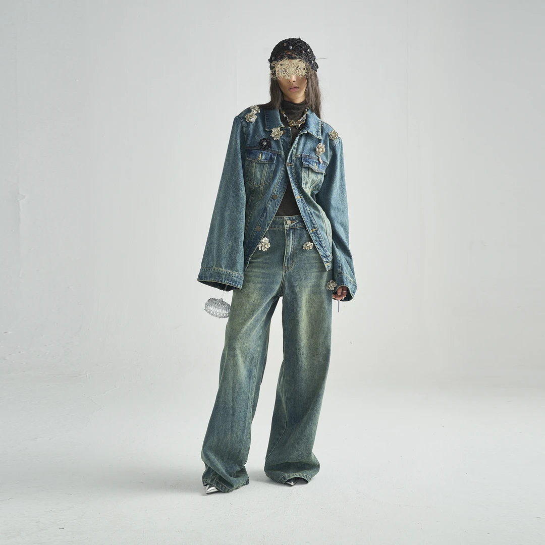 SHELLE ARTISTE纯手工立体花牛仔裤