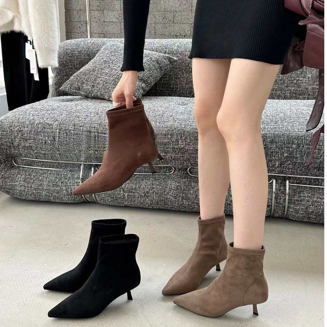 【经典裸靴】秋冬季新款套筒尖头细跟短靴百搭韩版时装靴 X8818