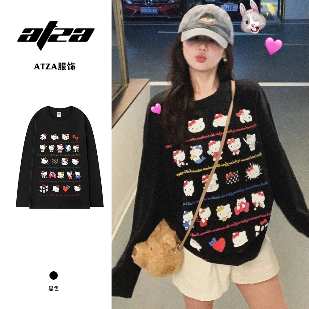 ATZA潮牌秋季kt卡通印花黑色正肩t恤长袖女百搭纯棉体桖打底上衣