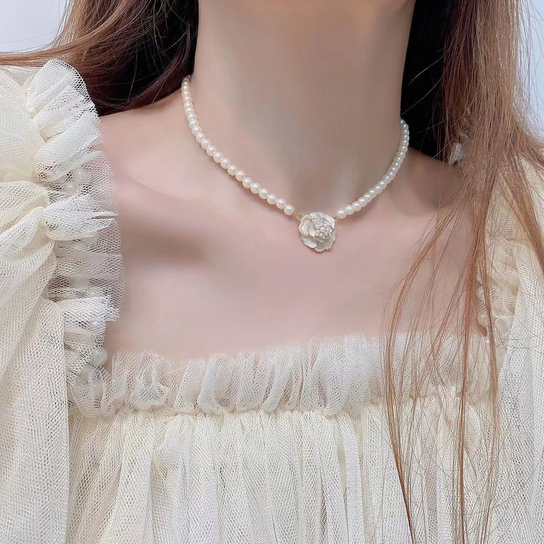 非金属仿珍珠项链 山茶之恋~法式复古山茶花珍珠项链女款轻奢小众