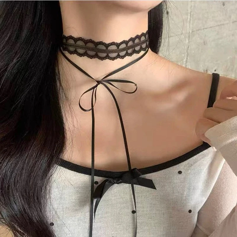 钛钢布艺项链 甜酷辣妹黑色蝴蝶结蕾丝绑带项链叠戴choker锁骨链