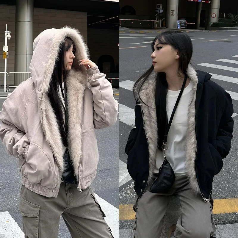 冬季复古座山雕毛领外套男女新款加厚连帽棉服短款工装保暖棉袄