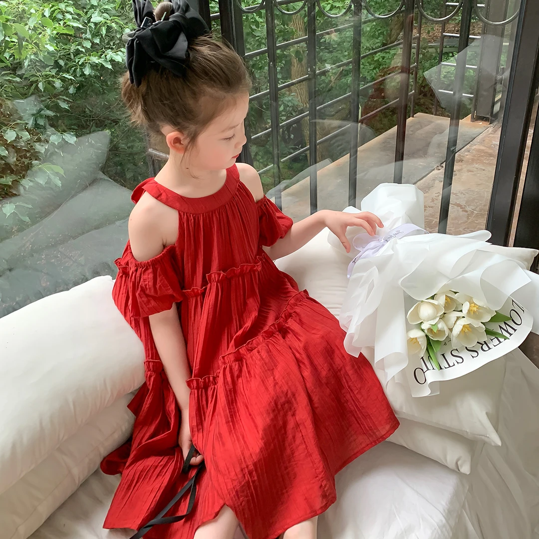 【布丁哈鲁】2023夏季女童洋气挂脖露肩泡泡袖连衣裙23XD0298