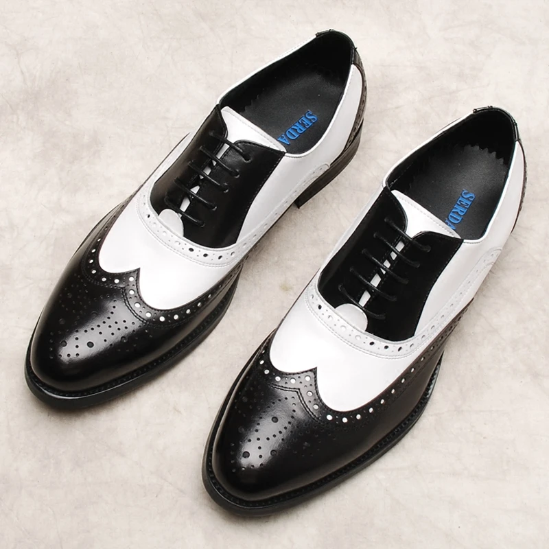 欧美布洛克雕花牛津鞋英伦黑白拼色香槟鞋新郎婚鞋商务正装皮鞋男