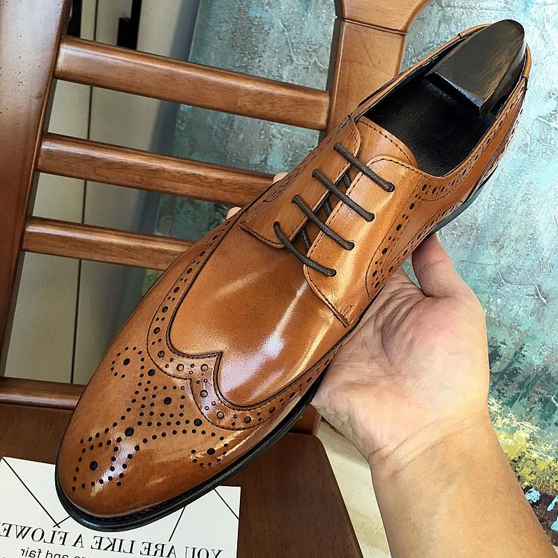 男皮鞋真皮纯牛皮青年布洛克雕花尖头英伦商务正装新郎婚鞋高级感