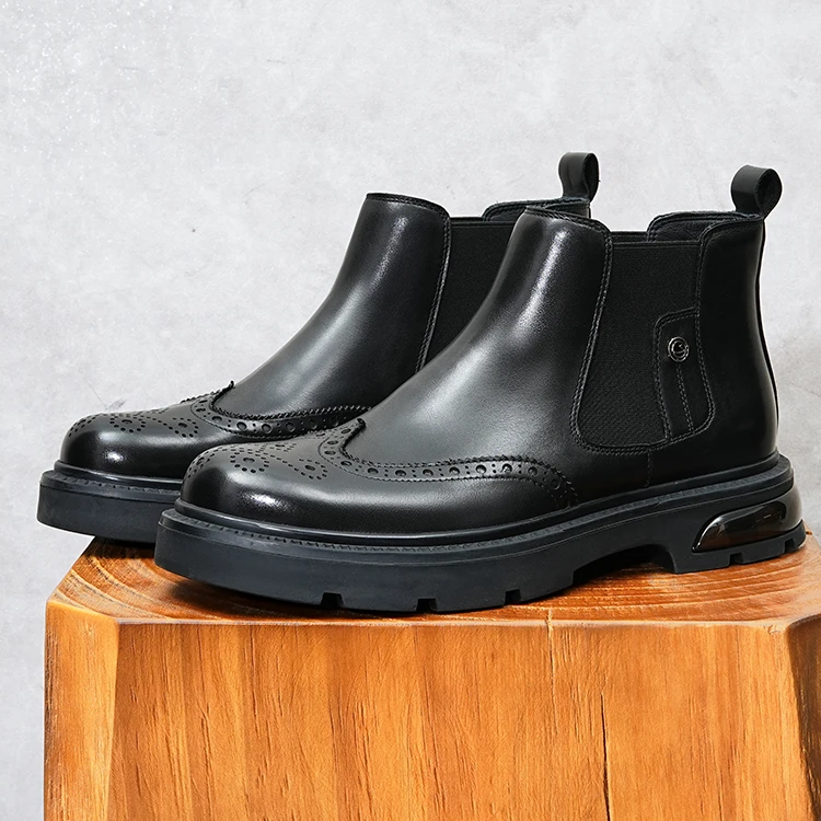 切尔西靴男真皮新款英伦高帮皮鞋厚底增高大头商务气垫雕花马丁靴