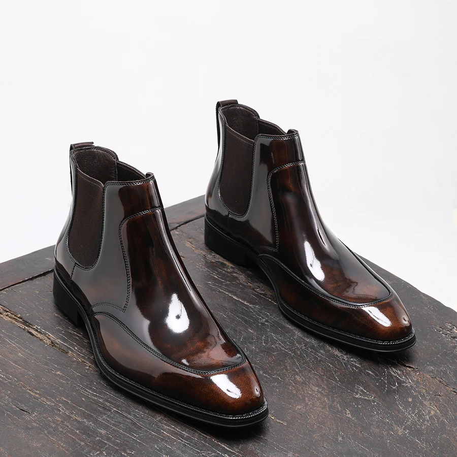 冬季英伦风方头切尔西靴男正装商务休闲皮鞋亮皮短靴真皮马丁皮靴