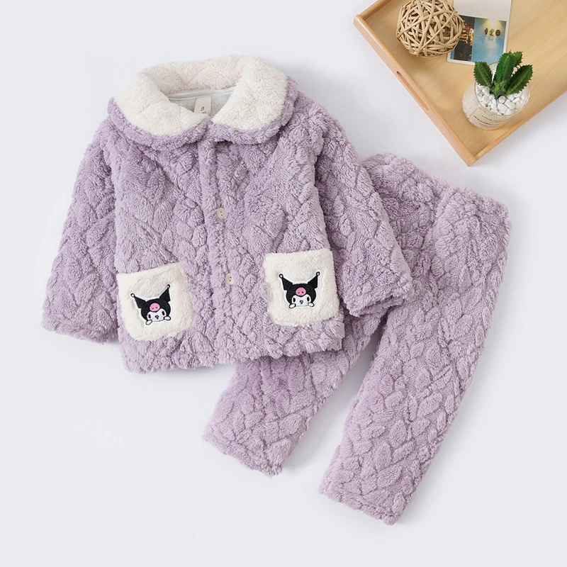 巴巴菓菓翻领睡衣口袋绣花夹棉套装儿童女童男童亲子宝宝加绒加厚