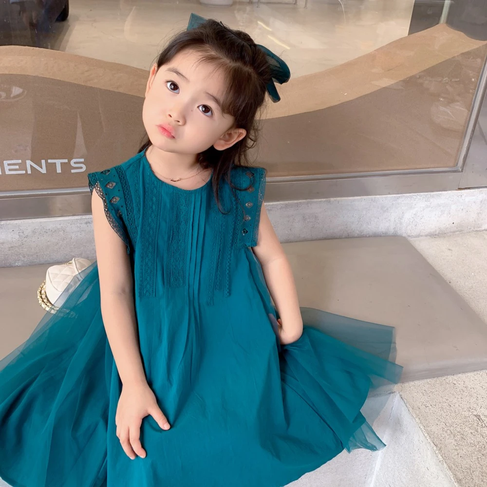 2024夏季新款韩版时尚女童连衣裙孔雀蓝洋气儿童裙子S58580