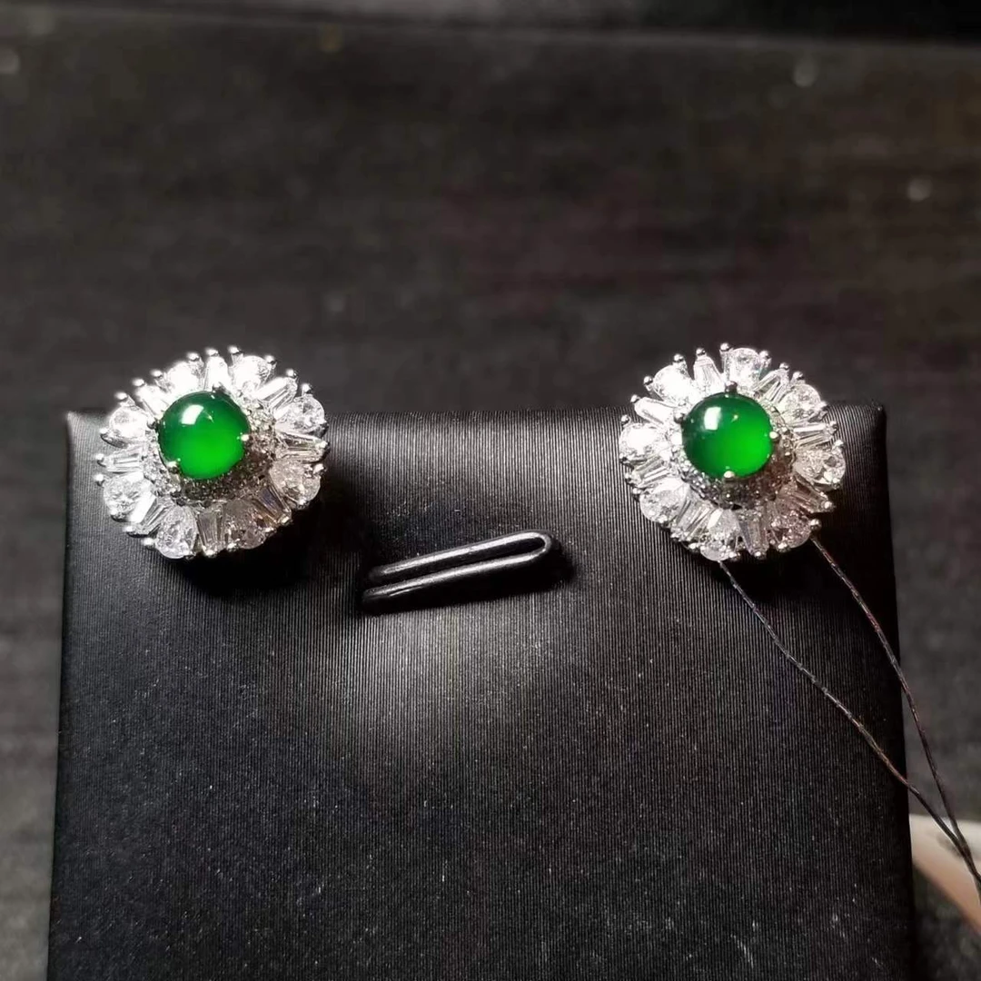 天然翡翠3261/52431满色蛋面耳钉国标s925银镶嵌热门款多样性发货