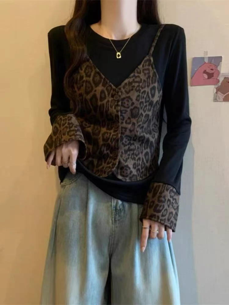 胖丫专属-37005假两件拼接长袖T恤女秋冬新款欧货豹纹短款