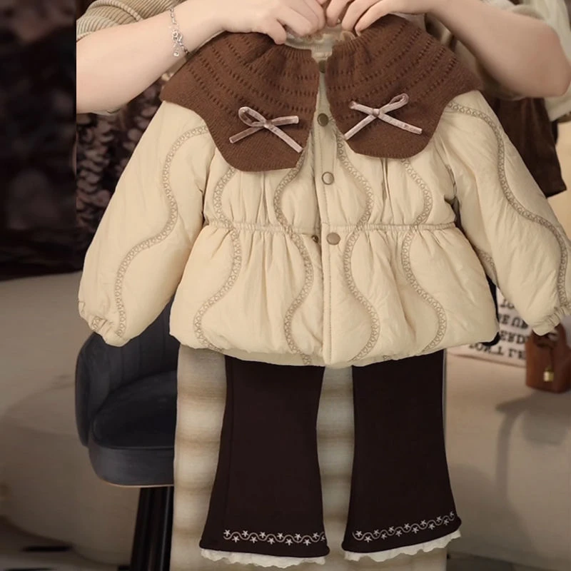 女童冬装套装2024新款童装中小童女孩洋气加绒加厚棉衣裤子两件套