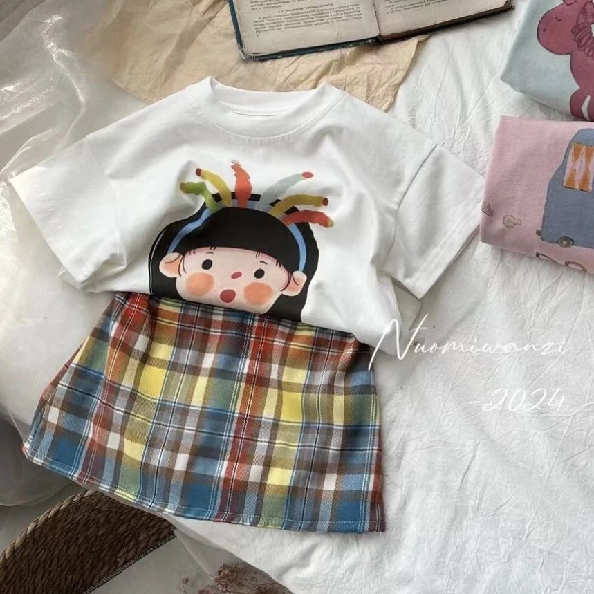 童装2024夏季新款套装女童韩版印花短袖T恤格纹半身裙裤洋气套装