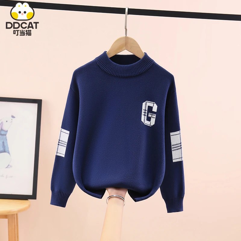 叮当猫男童毛衣秋冬款2024新款洋气中大童男孩纯棉加绒套头针织衫