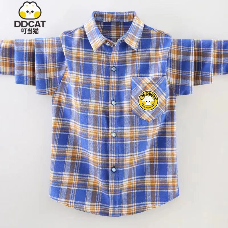 叮当猫男童衬衫长袖纯棉2024春装新款洋气中大童男孩格子衬衣外套
